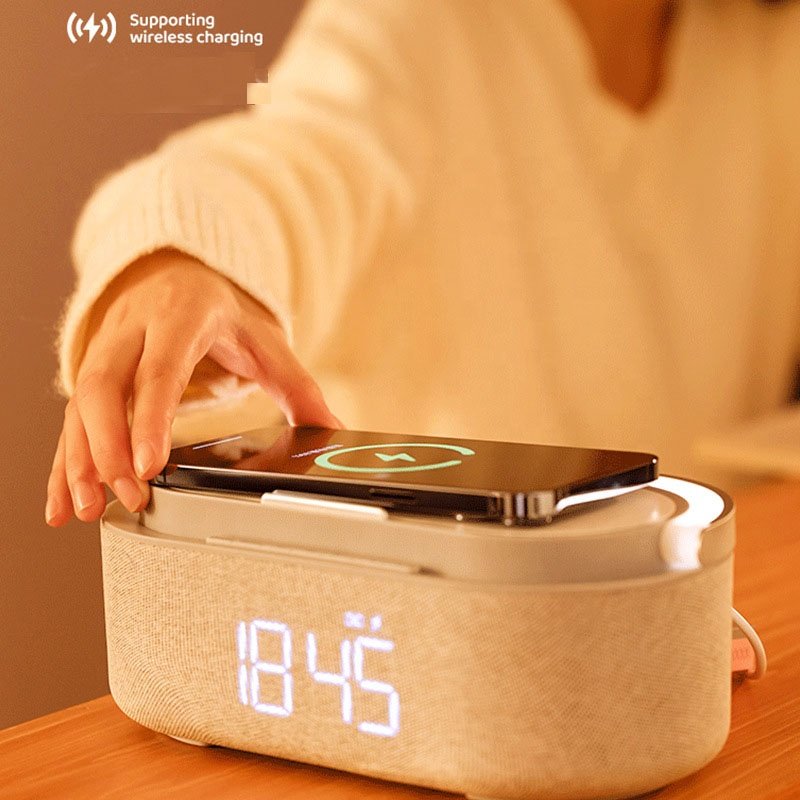 Trending Hot Products Creative Gift Multifunctional Touch Alarm Clocks Dimming Table Lamp 15W QI Wireless Charger Small Speaker