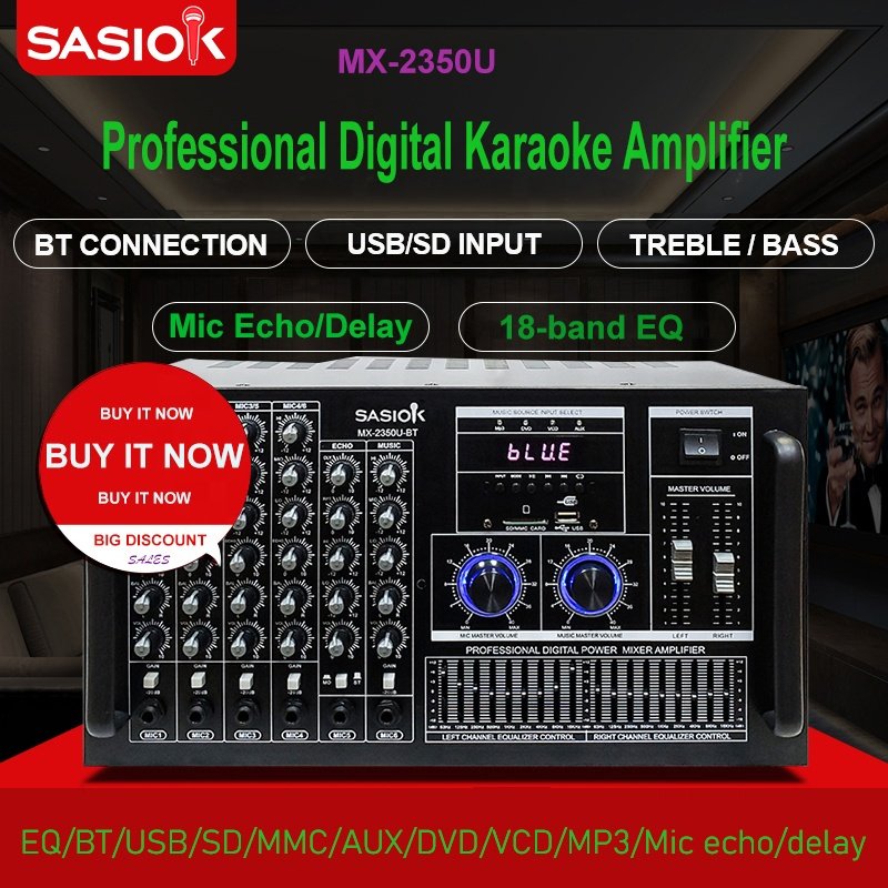 18-BAND Graphic Equalizer Mic Echo/delay MX-2350U Digital Karaoke Amplifier Support BT/USB/SD/MMC/AUX/DVD/VCD/MP3/LED Display.