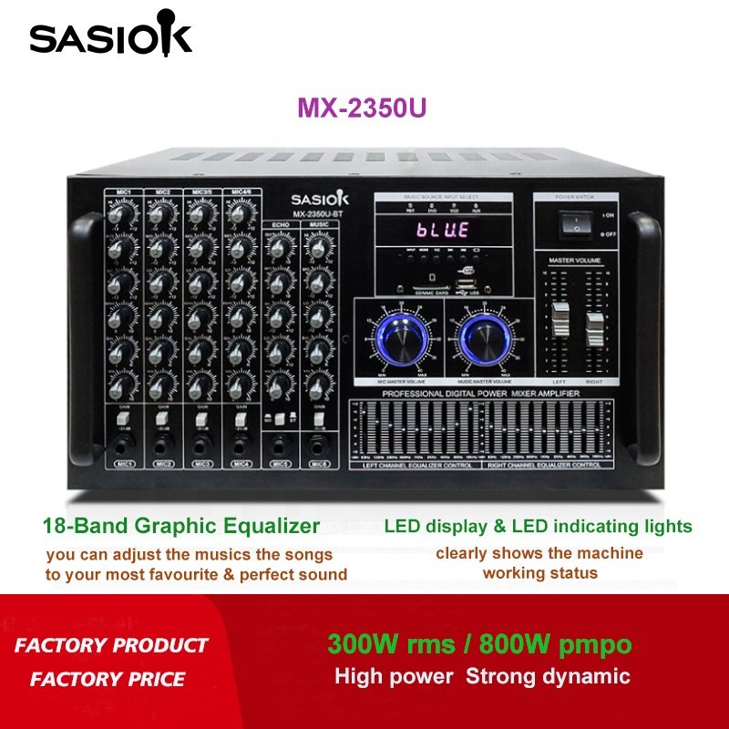 18-BAND Graphic Equalizer Mic Echo/delay MX-2350U Digital Karaoke Amplifier Support BT/USB/SD/MMC/AUX/DVD/VCD/MP3/LED Display.