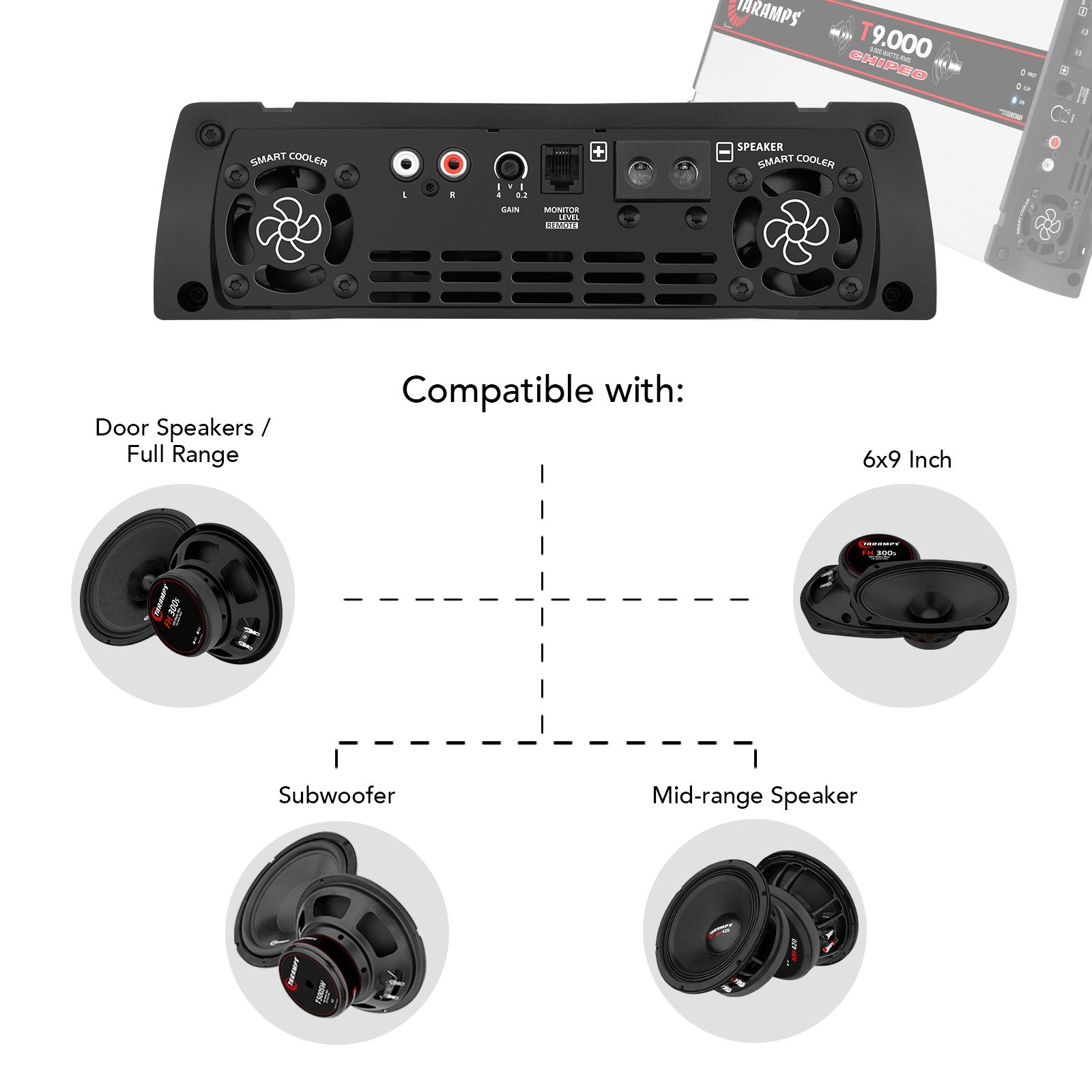 Taramps T 9.000 Chipeo Amplifier 1 or 2 Ohms 9000 Watts RMS 1 Channel Car Audio Peak Power 11000W RMS Monoblock Automotive Sound