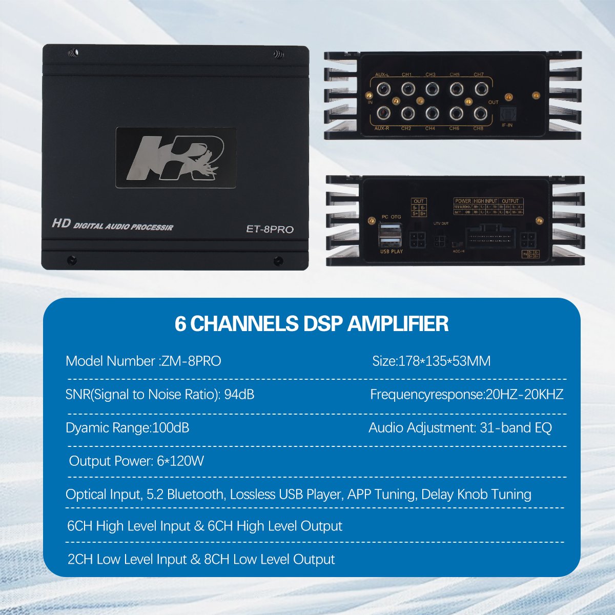 6 Channel Car Amplifier DSP Processor Powered Amplifier With Digital Signal Processor Class AB Car Amplifier