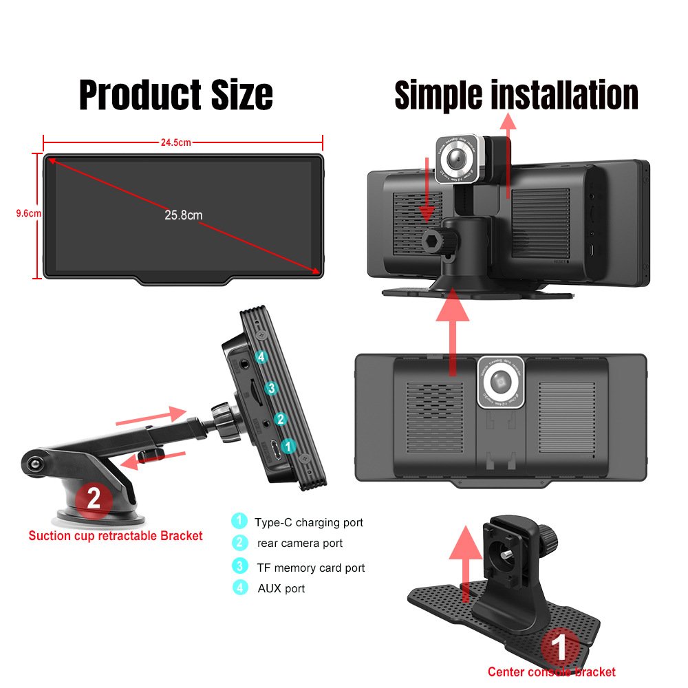 2024 New 10.26'' Portable Carplay Screen With Waterproof 4K 1080P Dash Camera AUX Port Auto Headunits With GPS BT5.0 MP5 Player