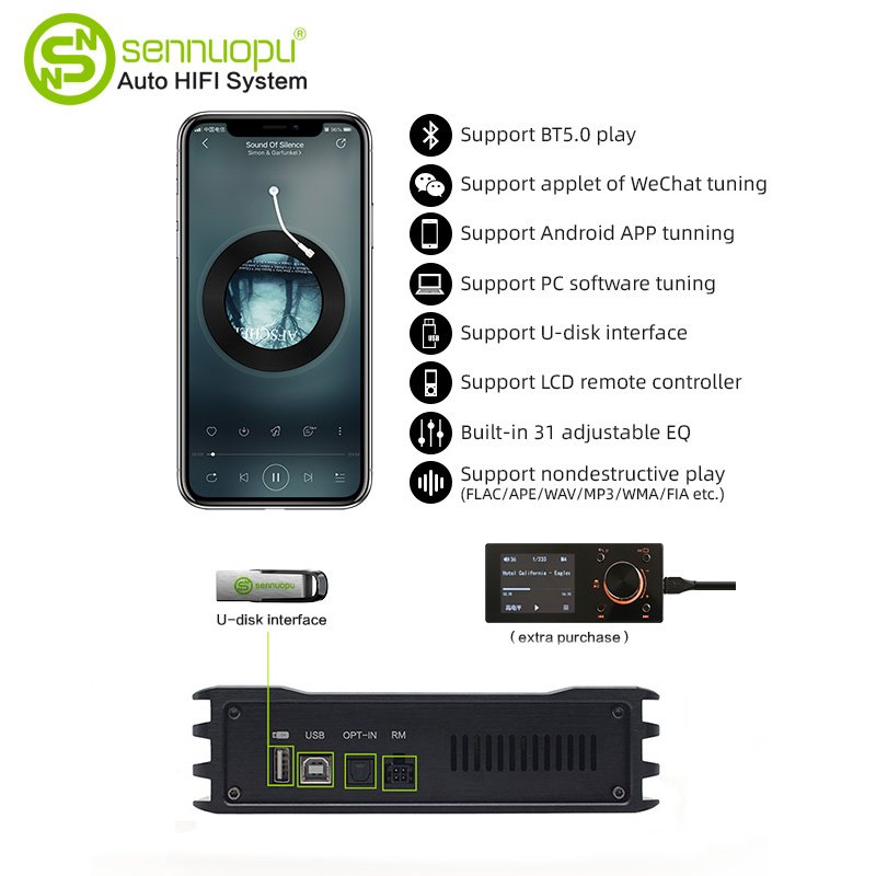 OEM Sennuopu Audio Power Car Stereo Amplifier Audio Car DSP Processor Amplifiers Aluminium Alloy Black Improve Car Acoustics 1KG