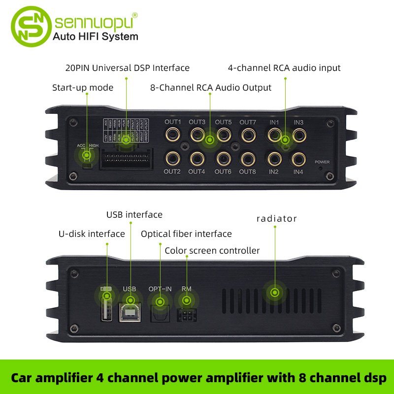 OEM Sennuopu Audio Power Car Stereo Amplifier Audio Car DSP Processor Amplifiers Aluminium Alloy Black Improve Car Acoustics 1KG