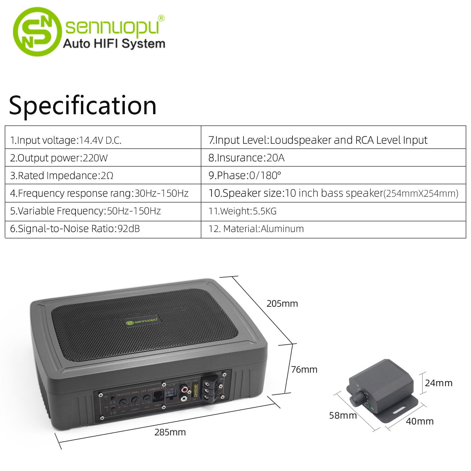Sennuopu T6 Bass Active Subwoofer Amplifier Car Speakers Under Seat Audio Sub Woofer Car Subwoofer