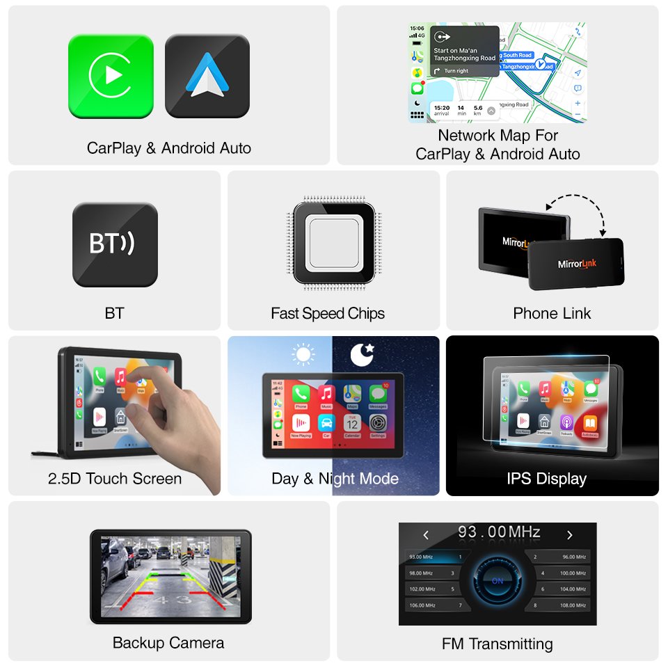JMC 7Inch Portable Car Radio Linux System BT Wireless Android Auto CarPlay Multimedia CarPlay Monitor IPS Touch Screen