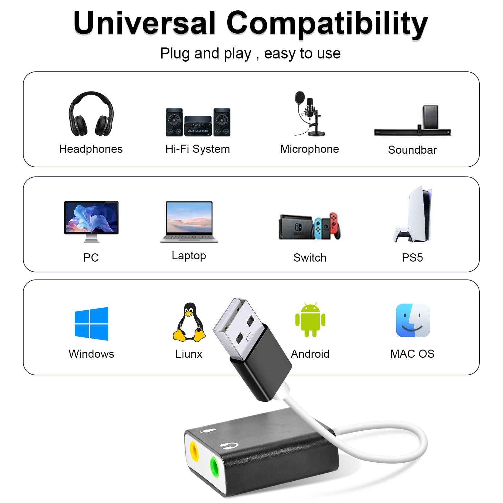 New Arrival USB 2.0 To Jack 3.5mm Dual Port 2 Channel External Sound Card Adapter Converter Audio