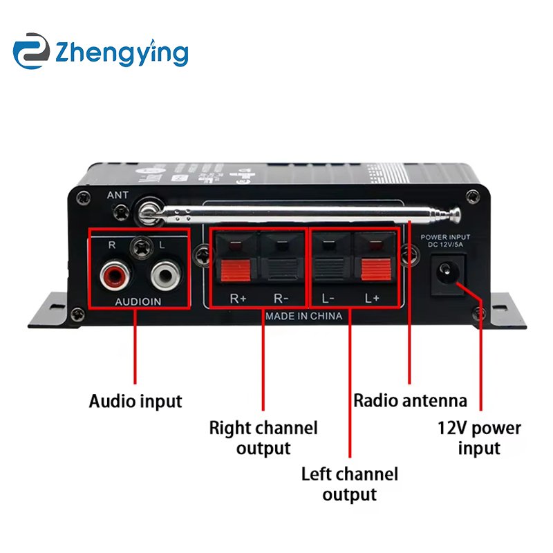 Universal 12V Stereo Amplifier for Car and Home - 2 Channel Audio Power Amp with USB SD Playback and FM Tuner