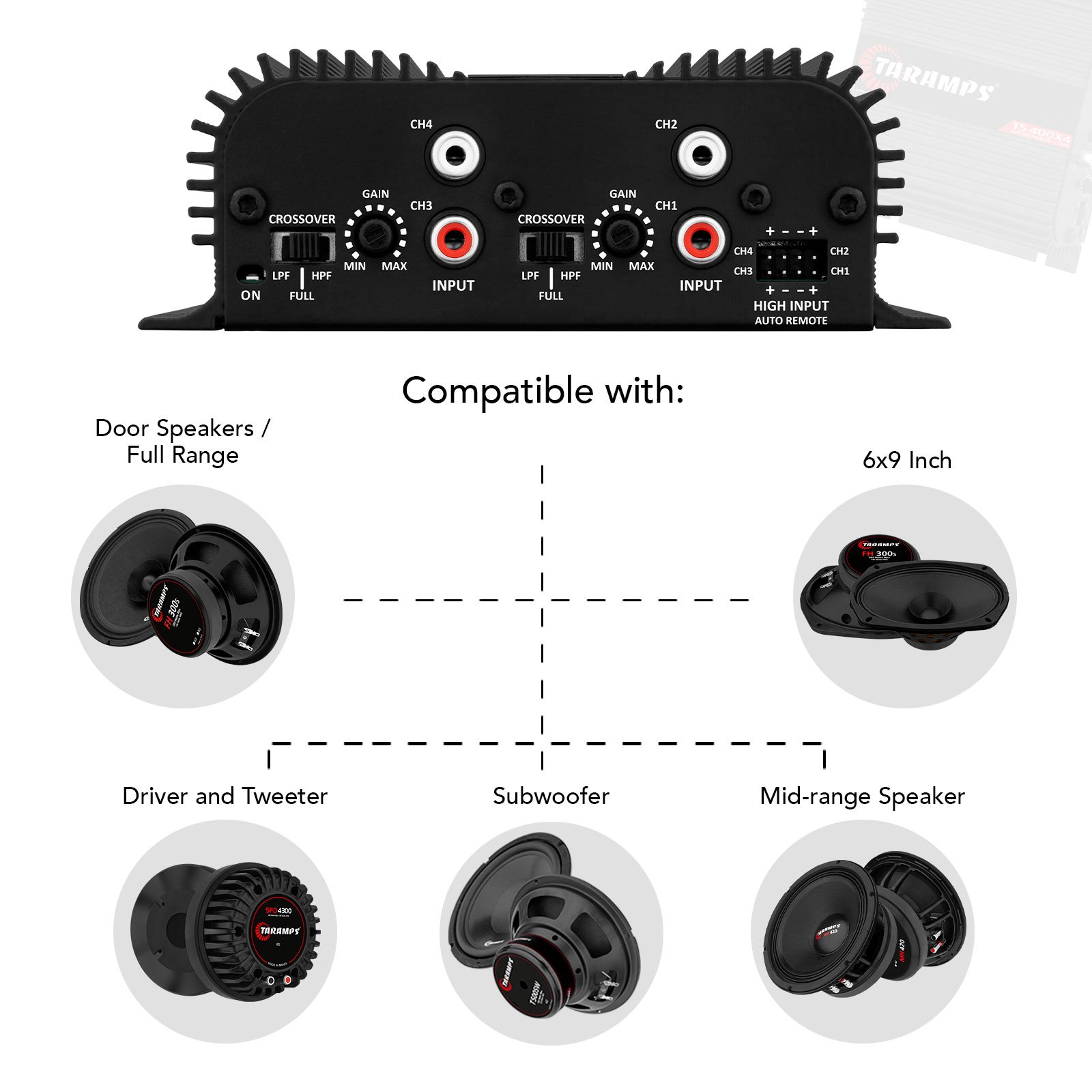 Taramps TS 400x4 Black with Automatic High Level Input 400 Watts RMS 2 Ohms 4 Channels Full Range Car Audio Amplifier System