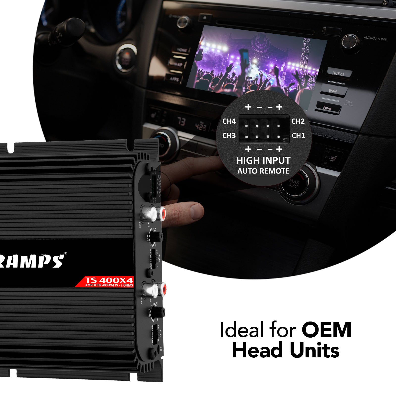 Taramps TS 400x4 Black with Automatic High Level Input 400 Watts RMS 2 Ohms 4 Channels Full Range Car Audio Amplifier System