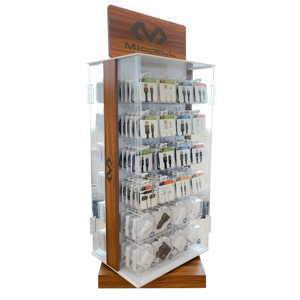 High Quality wooden Mobile phone Accessories Display USB charger,car charger, cables, Audio cable Wooden Display Stand