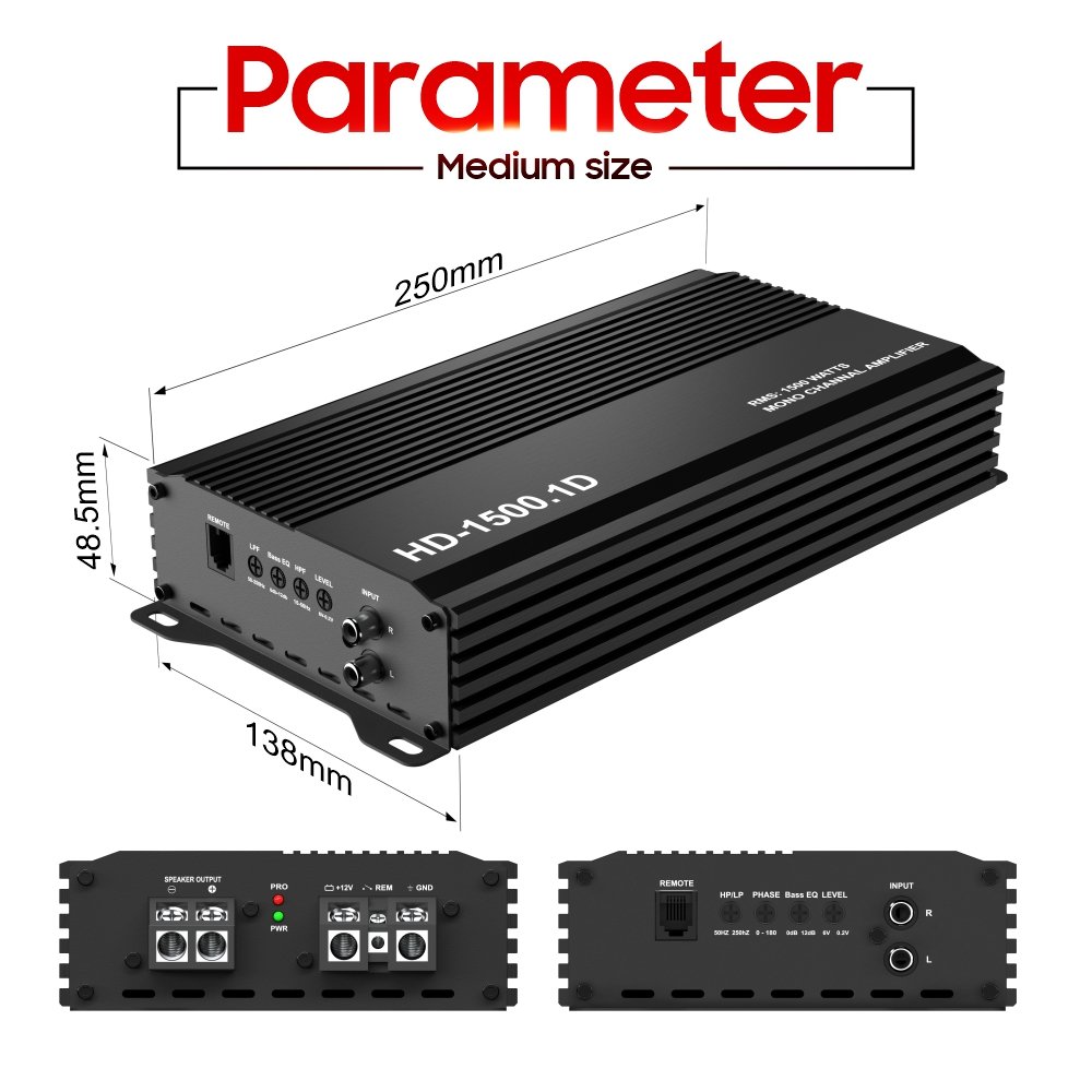 HD-1500.1D Class D Monoblock RMS 1*1500W Max 4500w Compact Size High Power Car Amplifier 12V