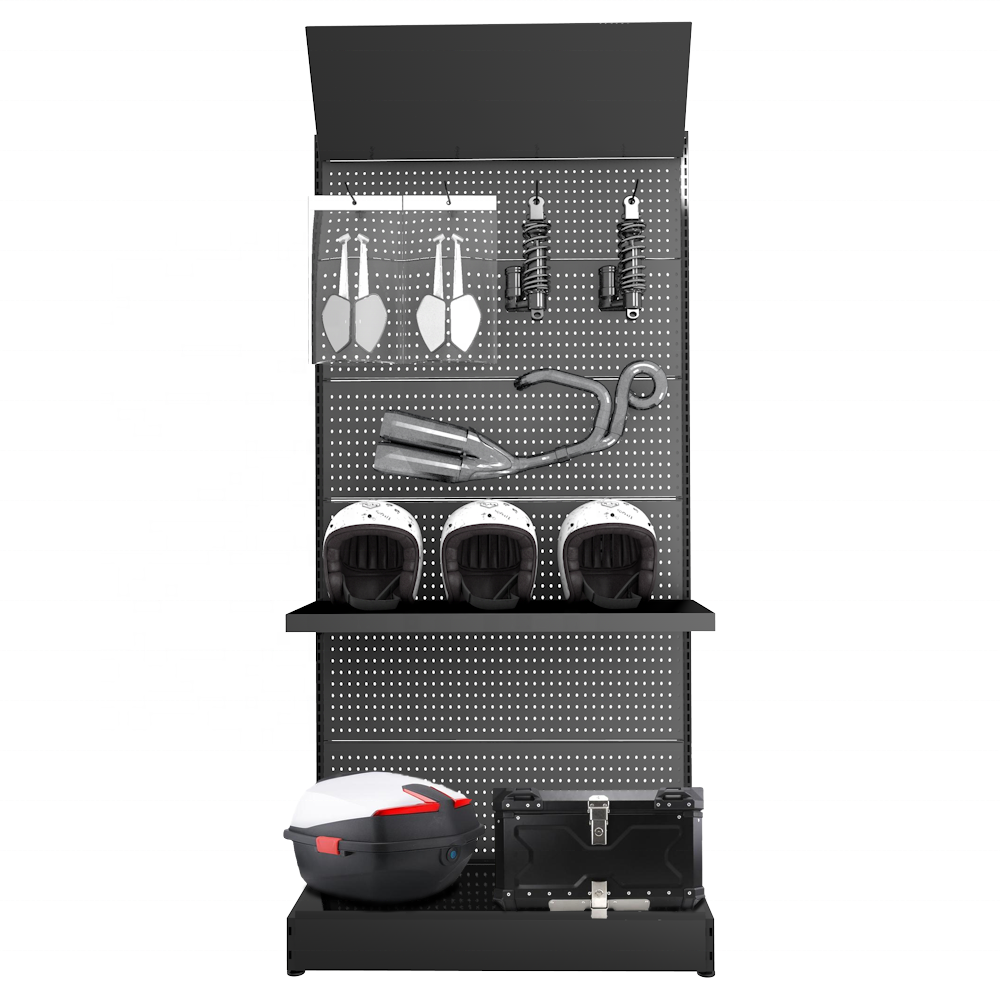 Store Motorcycle Helmet Trunk Lighting System Shock Absorber Muffler Exhaust Pipe Accessories Metal Pegboard Display Rack Stand