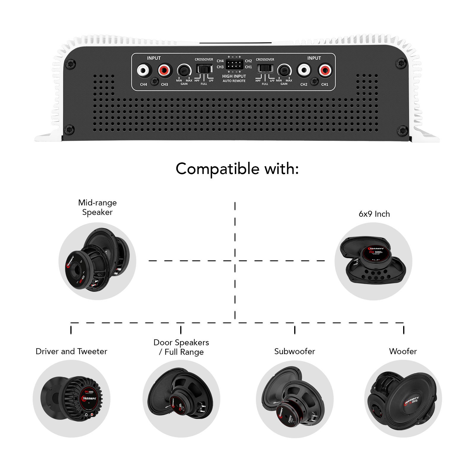 Taramps DS 4000x4 1 or 2 Ohms 4000 Watts RMS 4 Channel 1000x4 Watts RMS Digital Crossover HPF LPF Bridgedable Caraudio Amplifier