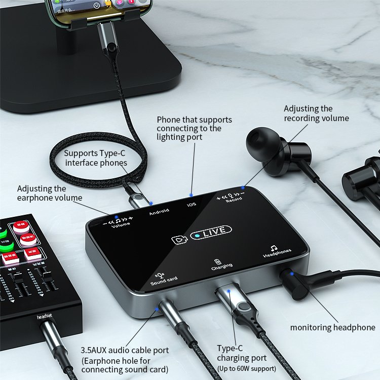 OEM live streaming sound card Audio Adapter For iPhone Android mobile phone Converter earphone jack Splitter