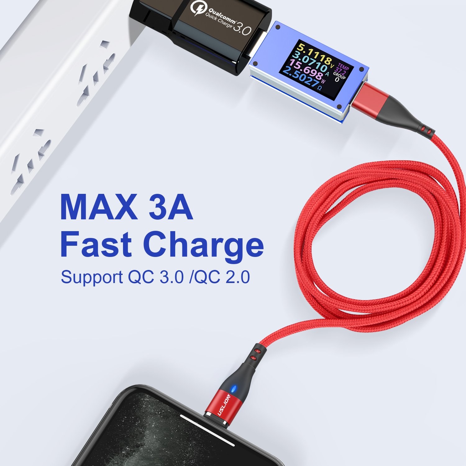USLION 0.5M 1M 2M 3in1 USB Cable Magnetic Charging Cable Flat Cable Micro USB Type C Phone Accessories