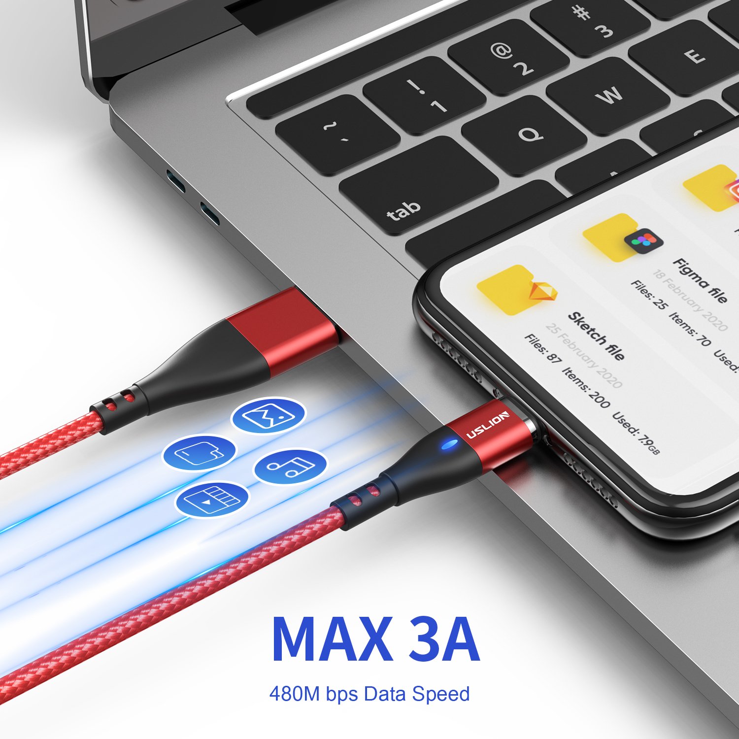 USLION 0.5M 1M 2M 3in1 USB Cable Magnetic Charging Cable Flat Cable Micro USB Type C Phone Accessories