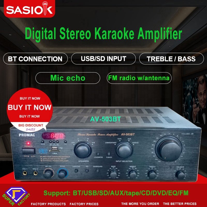 7.0 Channel AV-503BT EQ/SURROUND/BT/USB/SD/AUX/tape/CD/DVD/FM Radio/LED Blue-tooth Karaoke Amplifier Speaker Professional.
