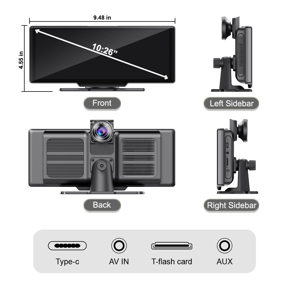 10.26" IPS HD Portable Monitor Wireless Carplay Screen Wireless Android Auto Car Display Universal Multimedia Car Stereo