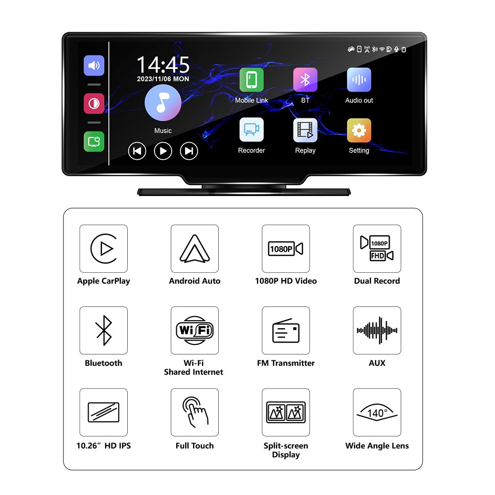 10.26" IPS HD Portable Monitor Wireless Carplay Screen Wireless Android Auto Car Display Universal Multimedia Car Stereo