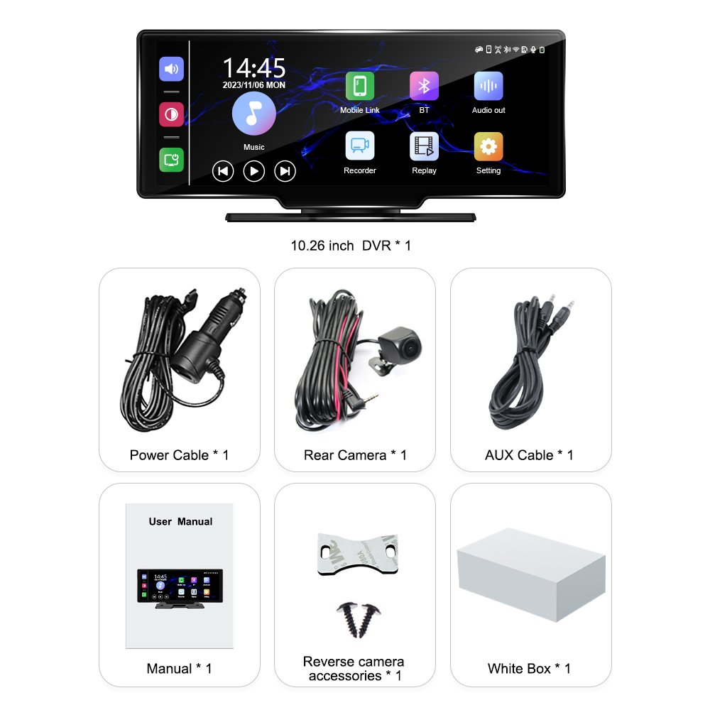 10.26" IPS HD Portable Monitor Wireless Carplay Screen Wireless Android Auto Car Display Universal Multimedia Car Stereo