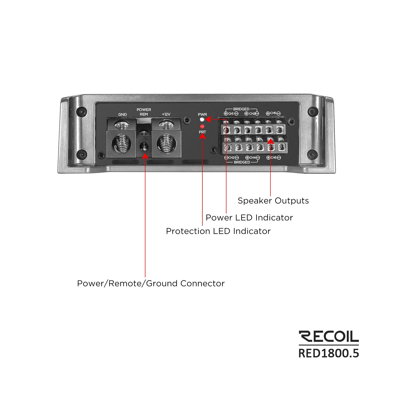 RED1800.5 Class-D 1,800 Watts Car Audio 5-Channel Amplifier, Mono 1 Ohm Stable, Remote Bass Knob Included
