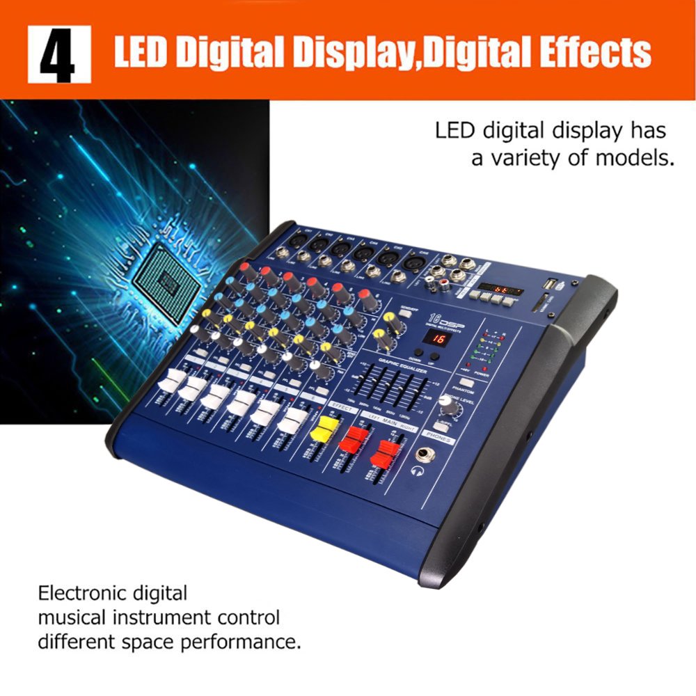 GAX-602D 48V Phantom Power Mixer USB 6 Channel Amplifier DJ Karaoke Audio Mixer Support USB Memory Card for Performance Family