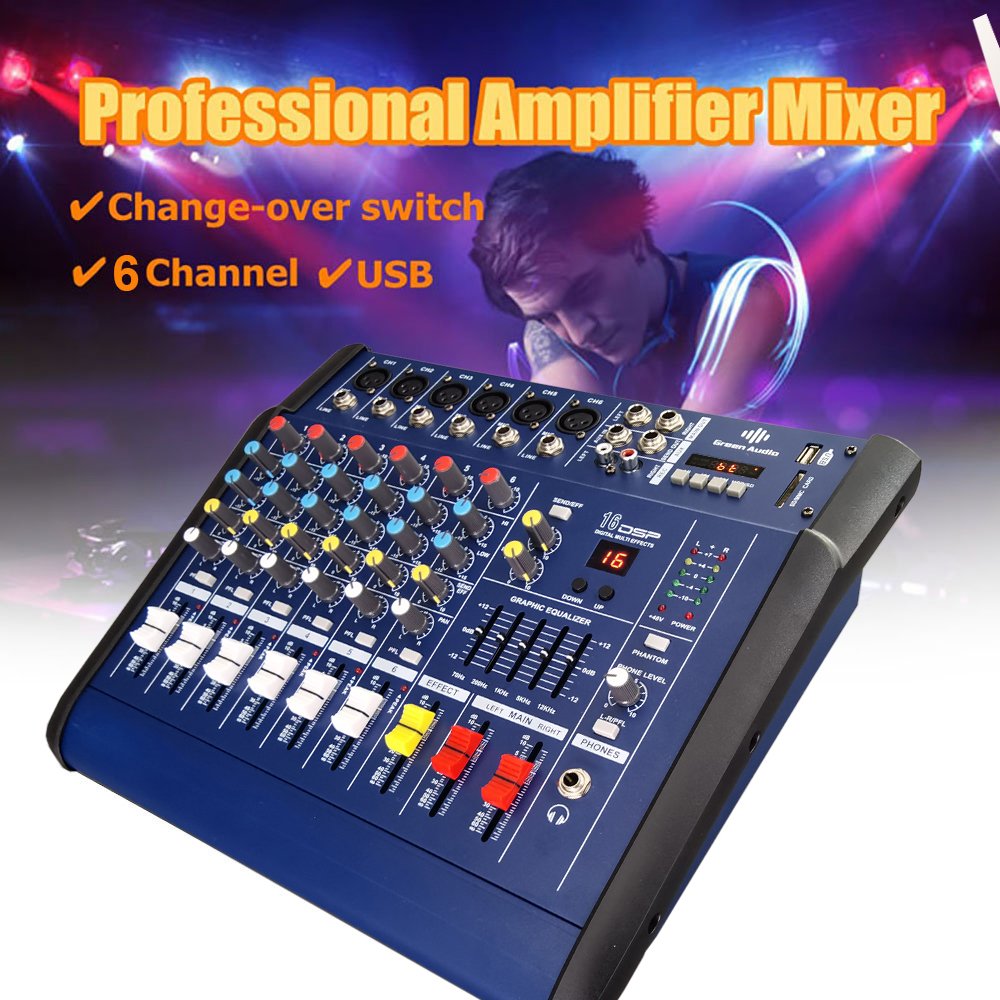 GAX-602D 48V Phantom Power Mixer USB 6 Channel Amplifier DJ Karaoke Audio Mixer Support USB Memory Card for Performance Family