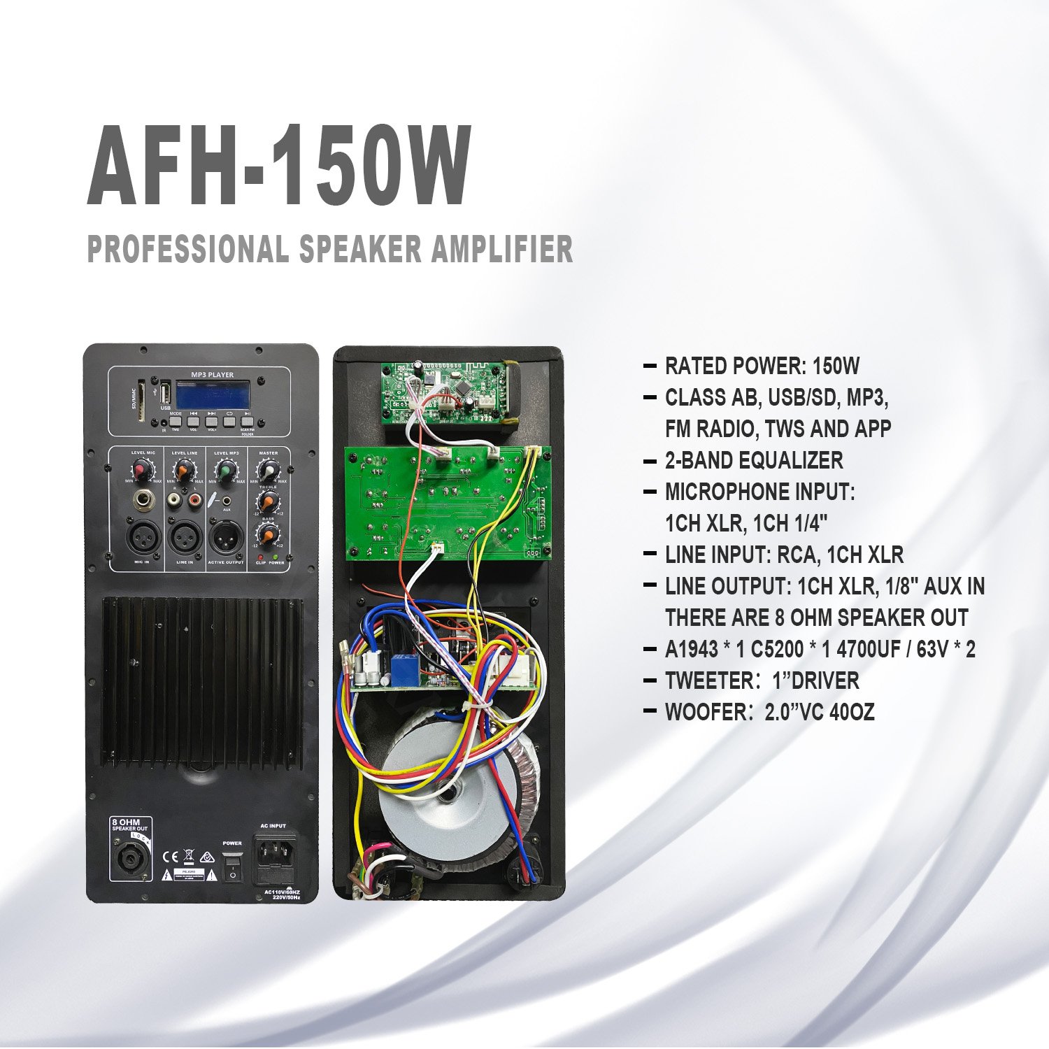 Accuracy Pro Audio APB 450W 15 Inch Speaker Output 4 Core Bi-amp Class H BT Mixer Power Amplifier Plate Module Board