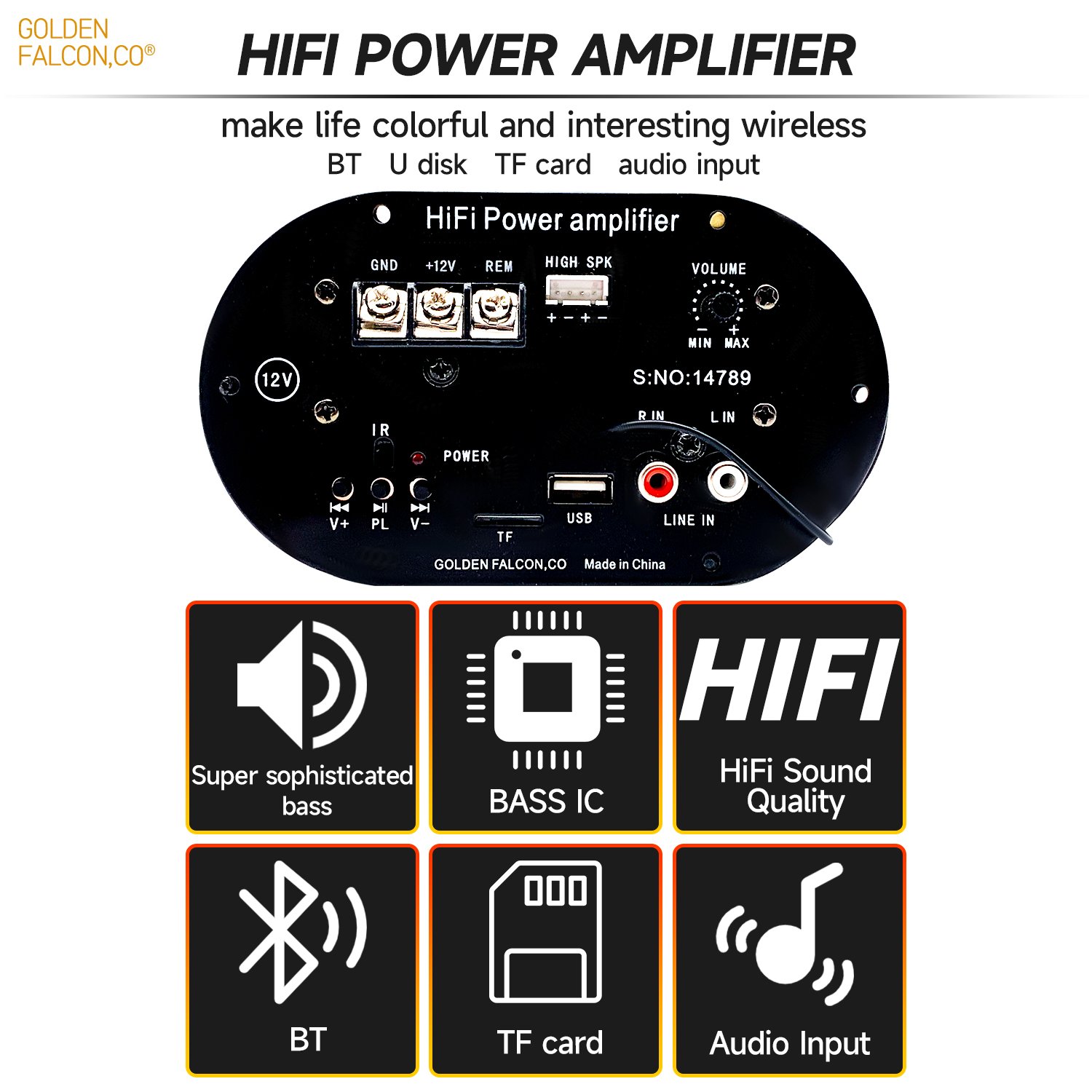 12V Subwoofer HIFI Bass Power Amp USB TF BT Car High Power Bass Amplifier Board