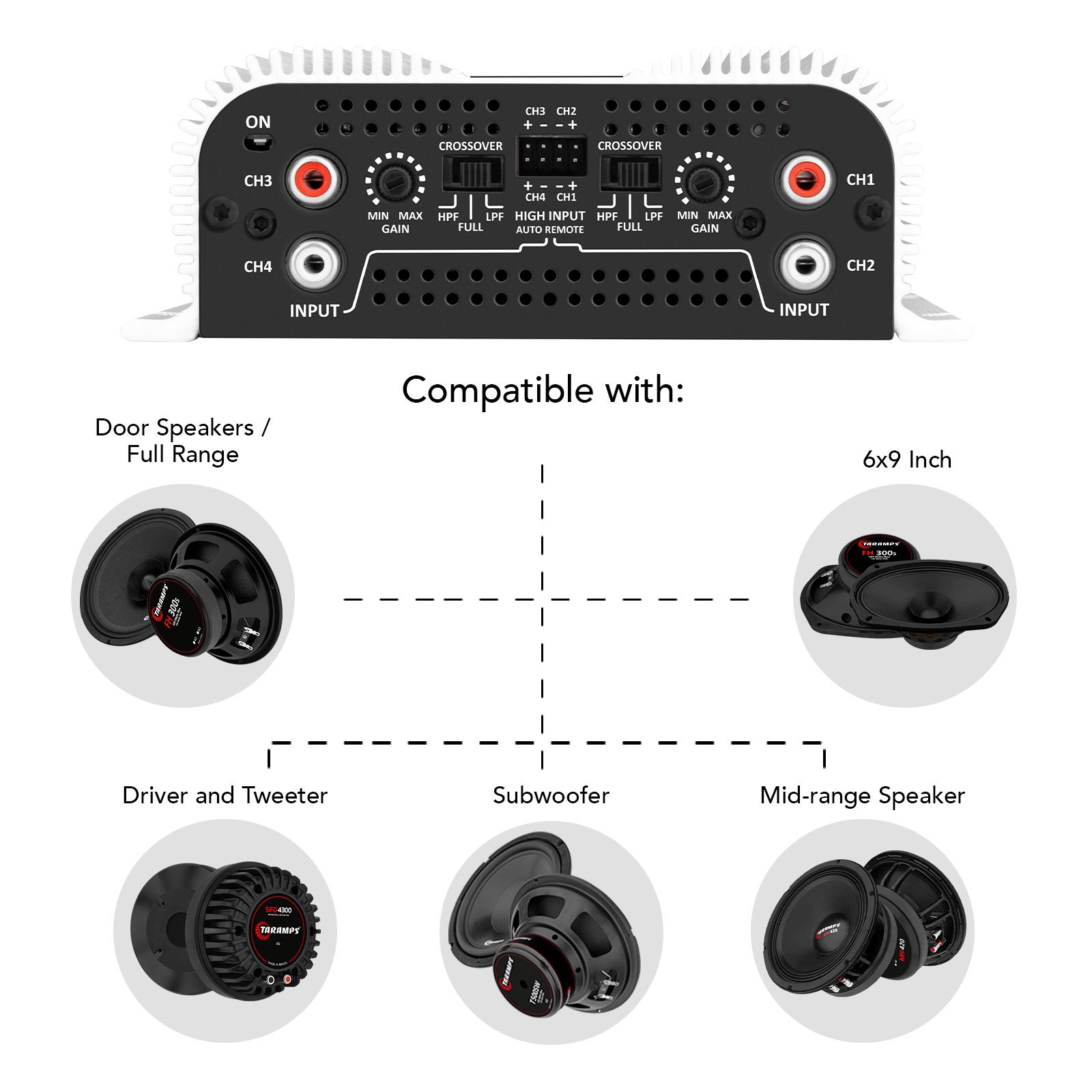 Taramps TS 1200x4 Amplifier Car Audio 1200W RMS 2 Ohms 4 Channels 2 Bridged Channels Fixed RCA Wire Input Multichannel Sound