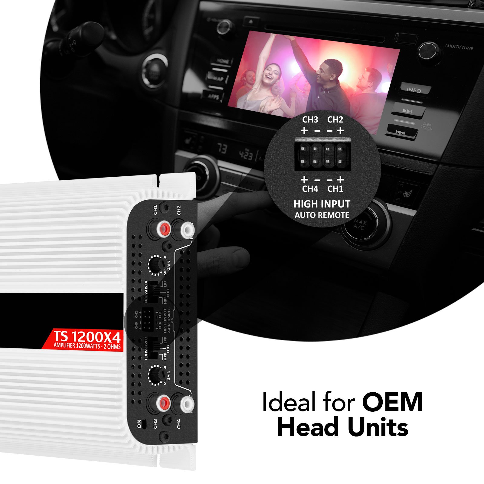 Taramps TS 1200x4 Amplifier Car Audio 1200W RMS 2 Ohms 4 Channels 2 Bridged Channels Fixed RCA Wire Input Multichannel Sound