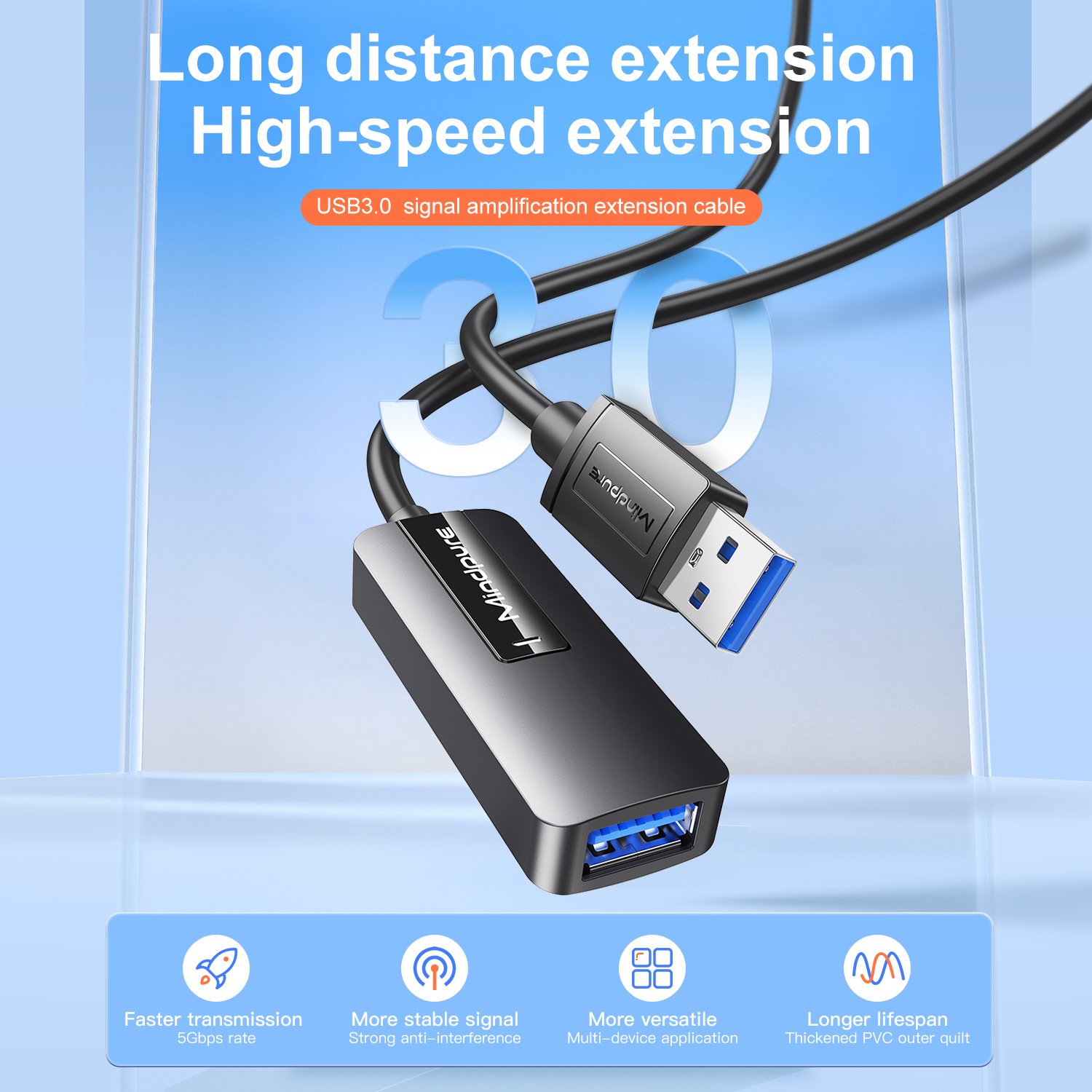 Mindpure 5M 10M 15M 30M 20meter 10 Meters USB 3.0 Active Extension Cable AM/AF Male to Female Extender Repeater Cord for Printer