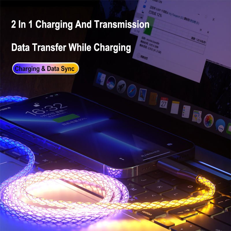 Phone Planet phone accessories 2023 7 color led Light Luminous Glow Flowing usb cable QC 480MB/s date cables