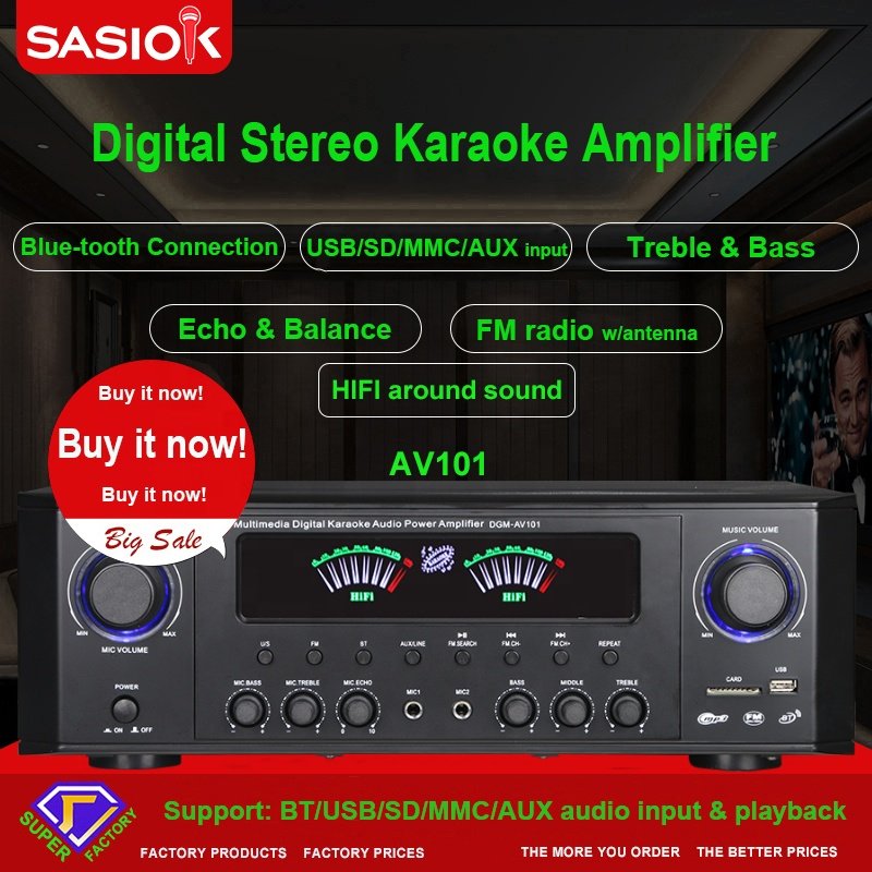 AC+DC 2 Power Sources Mic Echo AV101 HIFI/BT/USB/SD/MMC/AUX Audio Input FM Receivers Stereo Home Karaoke Amplifiers Professional