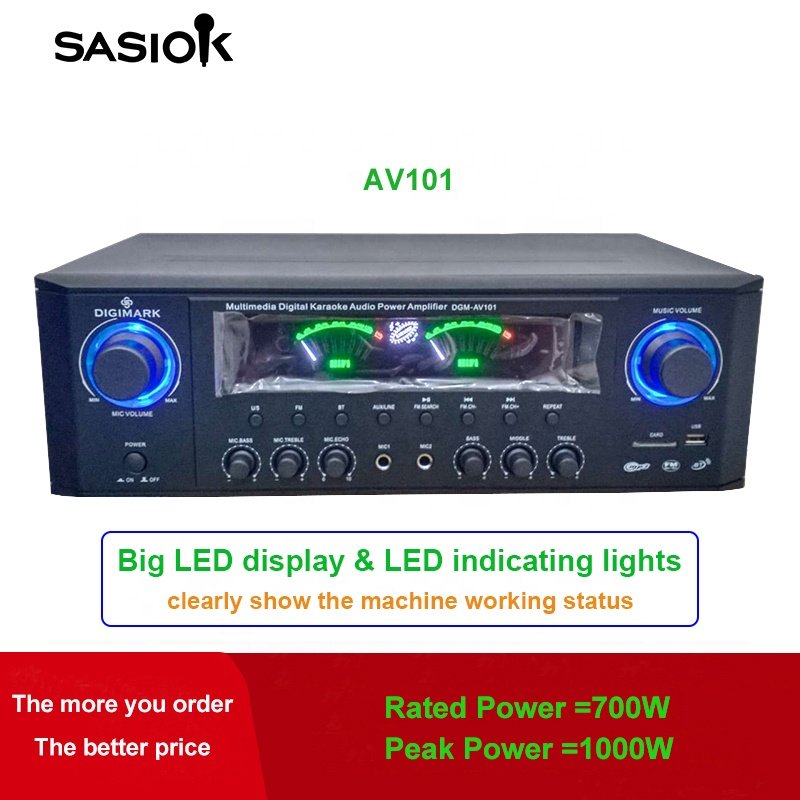 AC+DC 2 Power Sources Mic Echo AV101 HIFI/BT/USB/SD/MMC/AUX Audio Input FM Receivers Stereo Home Karaoke Amplifiers Professional