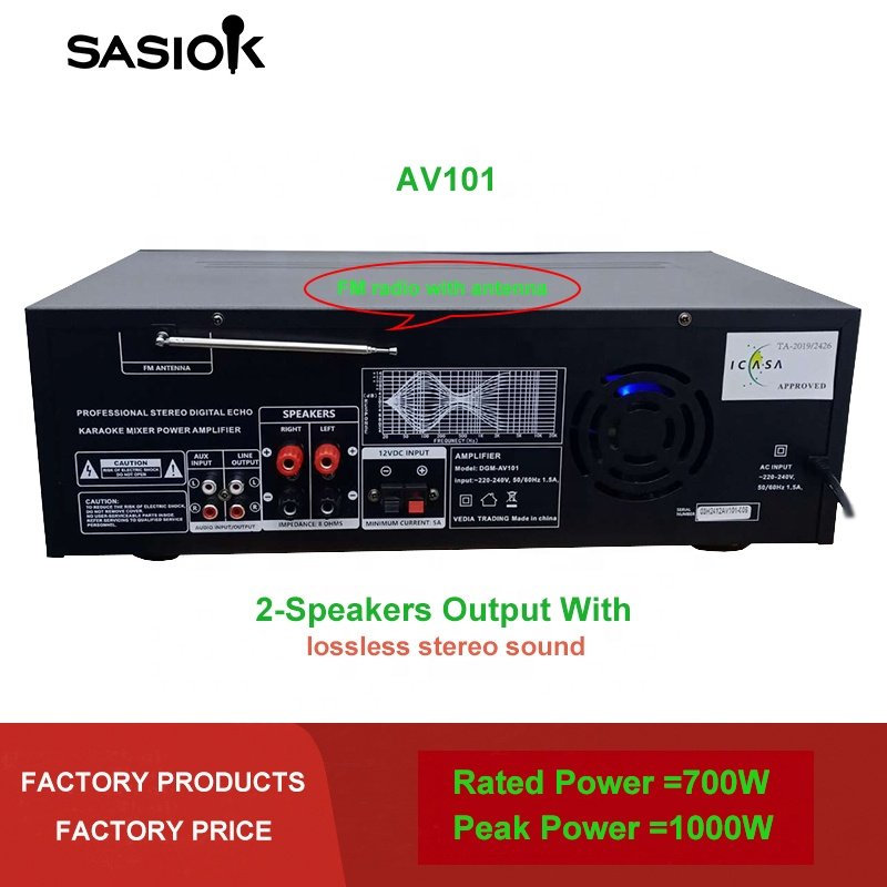 AC+DC 2 Power Sources Mic Echo AV101 HIFI/BT/USB/SD/MMC/AUX Audio Input FM Receivers Stereo Home Karaoke Amplifiers Professional
