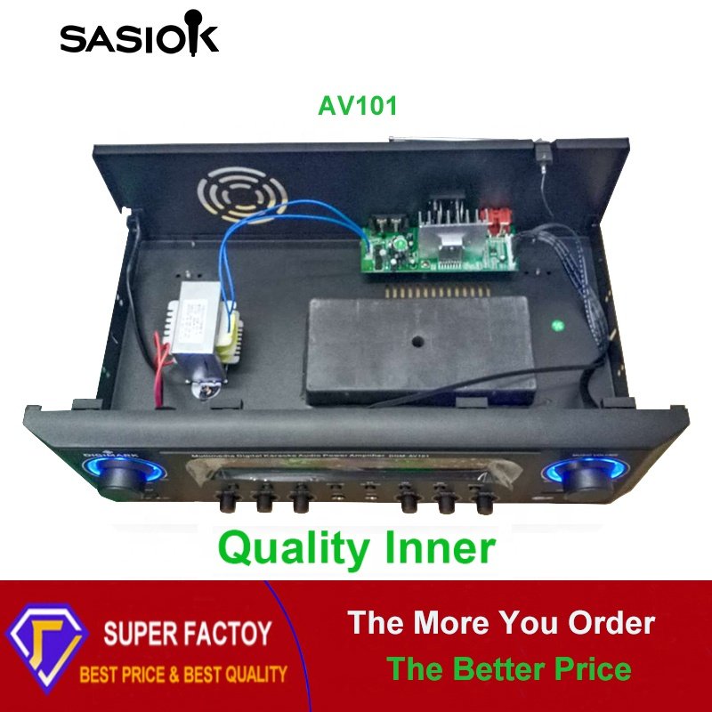 AC+DC 2 Power Sources Mic Echo AV101 HIFI/BT/USB/SD/MMC/AUX Audio Input FM Receivers Stereo Home Karaoke Amplifiers Professional