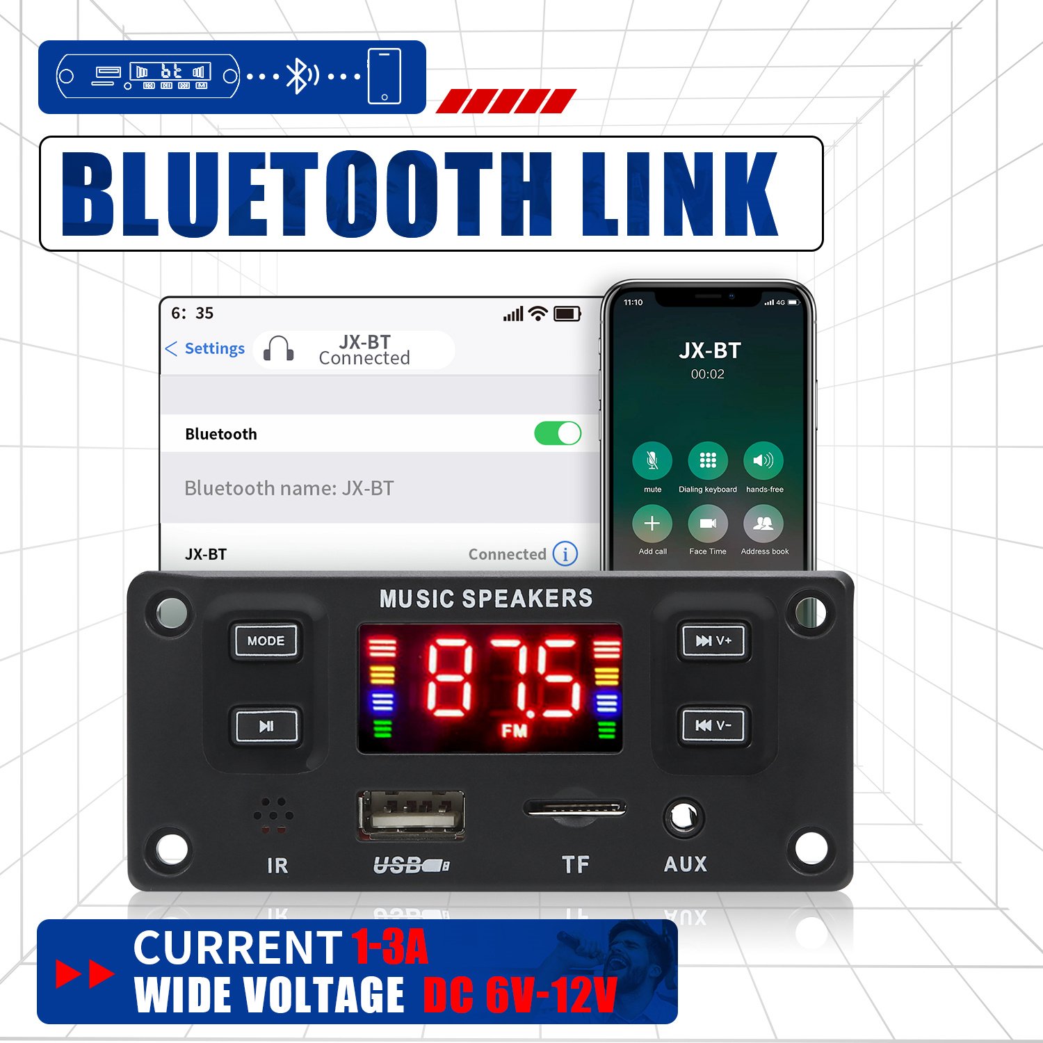 DC 12V 2*30W 60W Amplifier DIY MP3 Decoder Board Bluetooth 5.0 Music Player USB Module FM AUX Radio Car Records Handsfree Calls