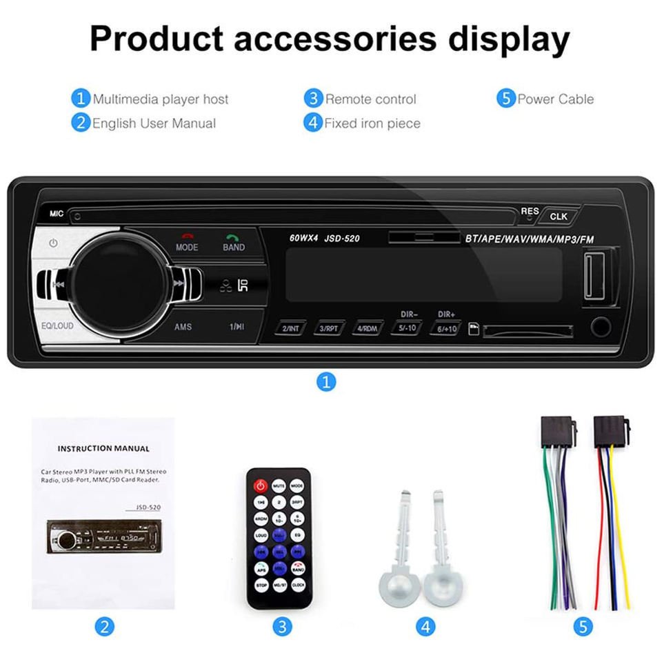 1Din SD MP3 Player JSD-520 Car Stereo Radio FM Aux Input Receiver USB with BT Audio
