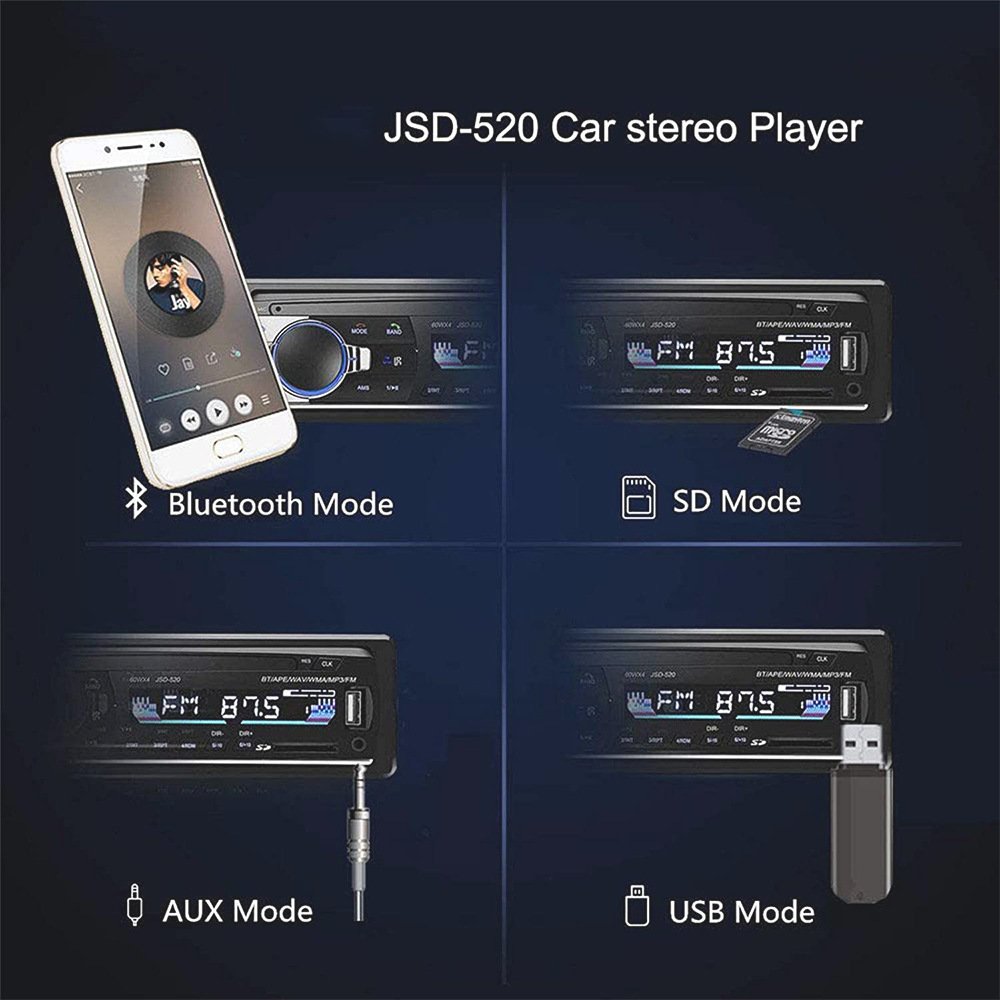 1Din SD MP3 Player JSD-520 Car Stereo Radio FM Aux Input Receiver USB with BT Audio