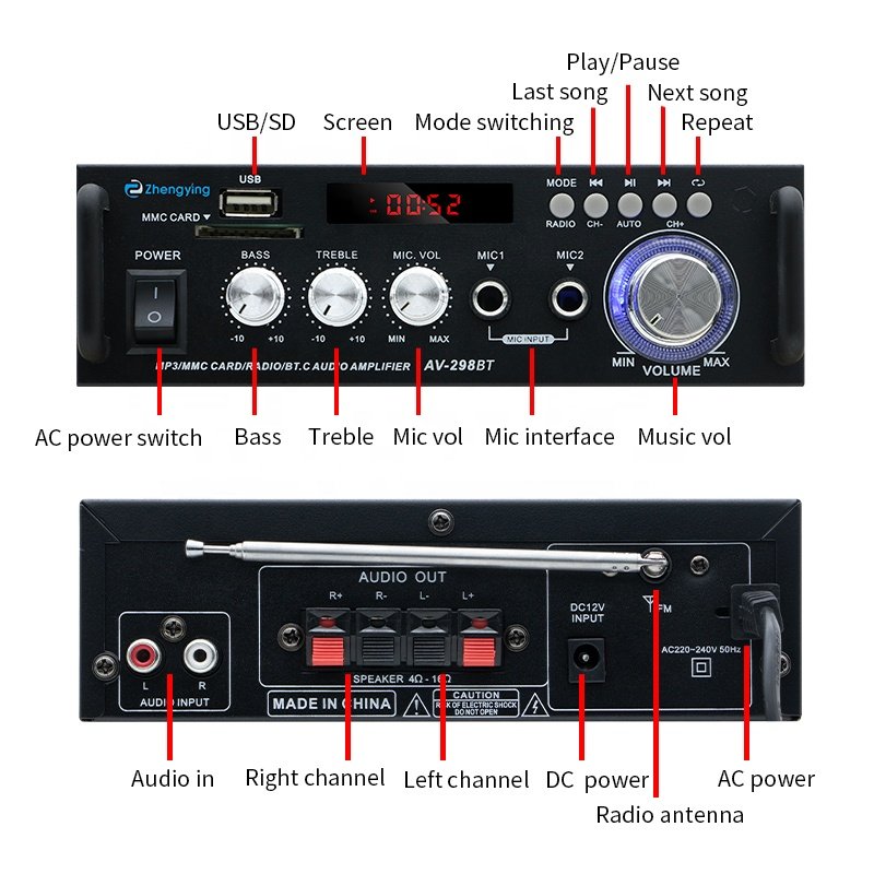 LDZS Professional Amplifier Audio Stereo Power BT FM Radio 2CH Home Theater Amplifiers Mini Amplificador AV-298BT