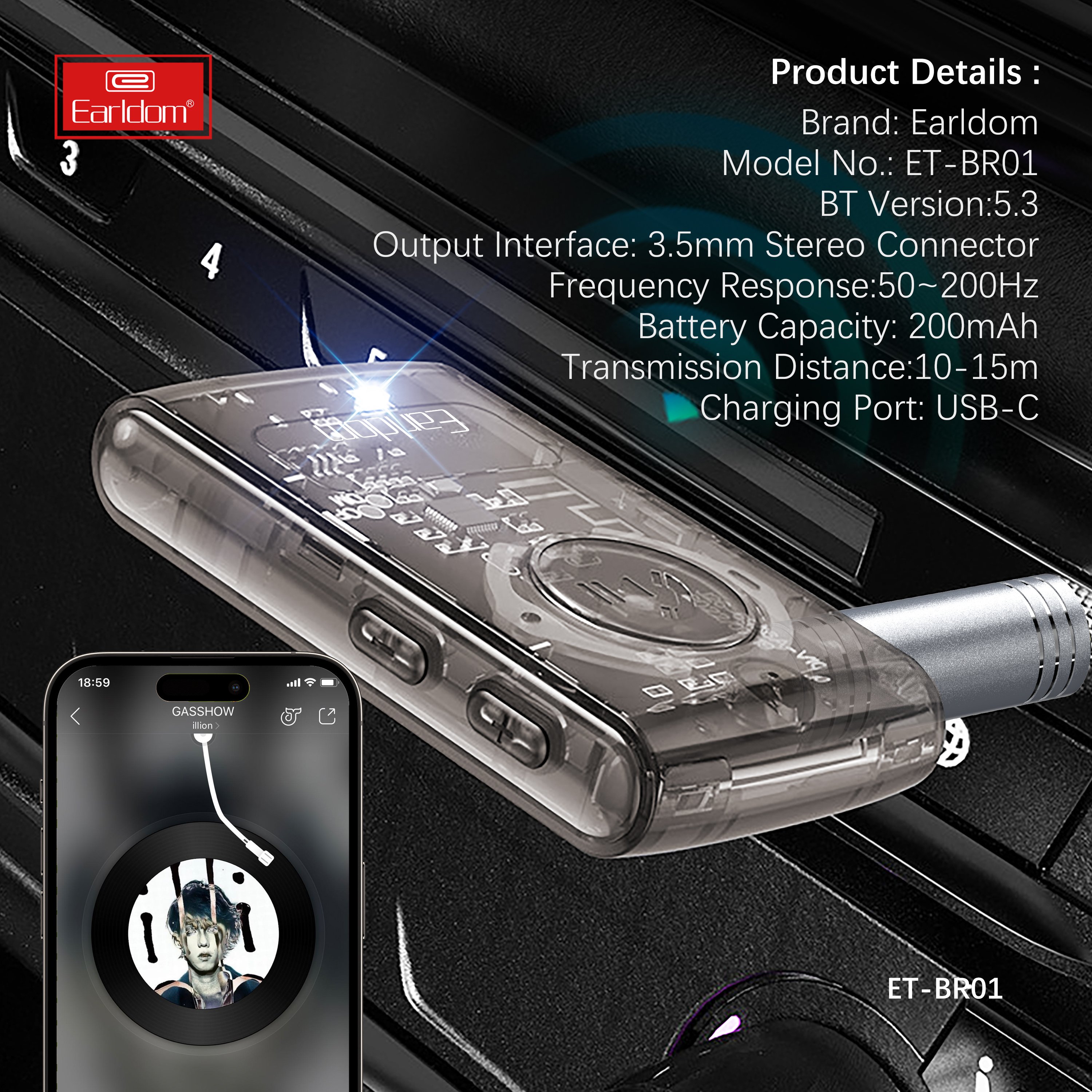 EARLDOM 3.5mm bluetooth Car Kit Wireless Handsfree Car Kit V5.3 Music Adapter for Car/earphone/speaker Transparent