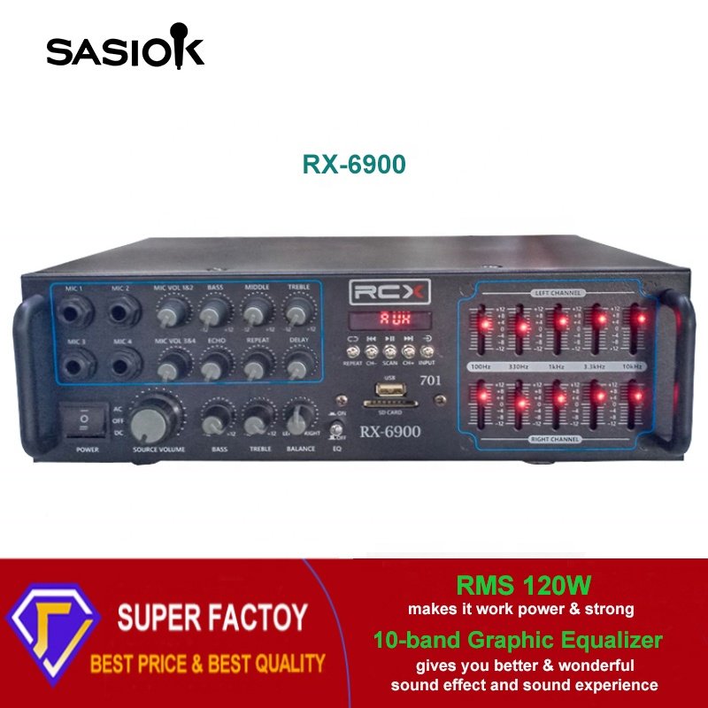 AC/DC Power RX-6900 10-band Graphic Equalizer Mic. Echo/delay Karaoke Amplifier Support BT/USB/SD/AUX/FM Radio & LED Display.