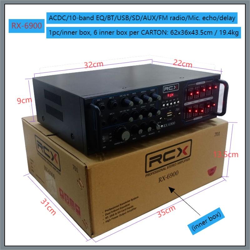 AC/DC Power RX-6900 10-band Graphic Equalizer Mic. Echo/delay Karaoke Amplifier Support BT/USB/SD/AUX/FM Radio & LED Display.