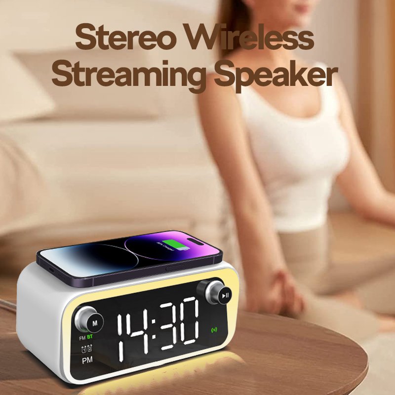 Multifunctional LED Lamp Alarm Clock Wireless Charger with Radio Speaker