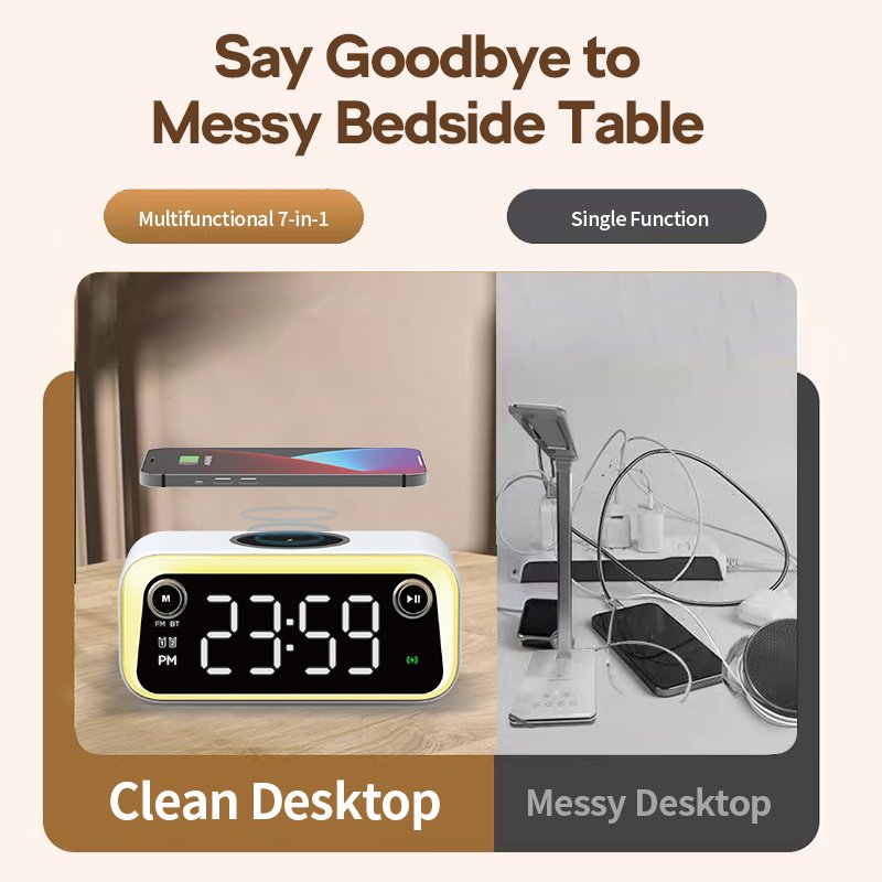 Multifunctional LED Lamp Alarm Clock Wireless Charger with Radio Speaker