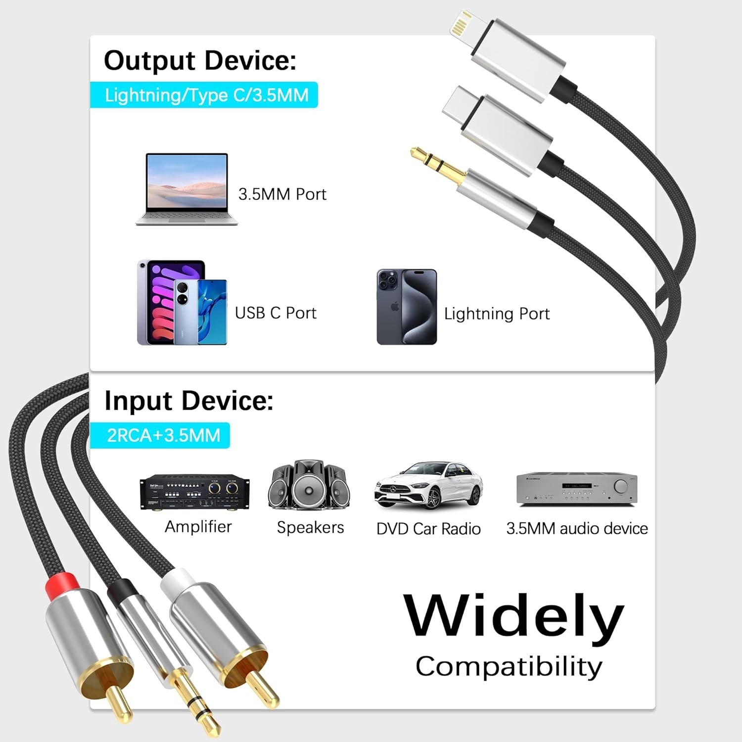 6 in 1 8Pin/Type C to 2RCA Audio Cable Hi-Fi Sound RCA Stereo Connector 3.5mm to 2RCA for Power Amplifier,Home Theater,Speaker