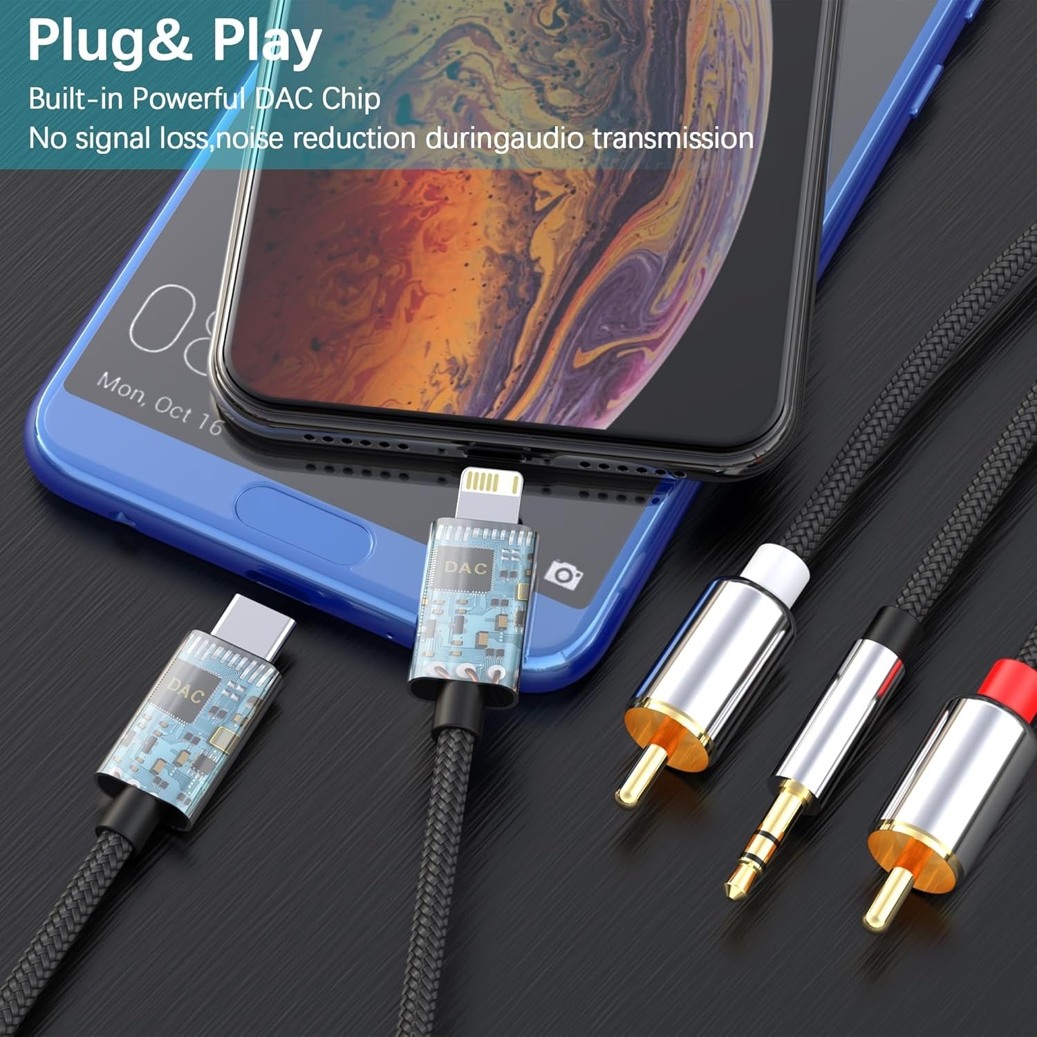 6 in 1 8Pin/Type C to 2RCA Audio Cable Hi-Fi Sound RCA Stereo Connector 3.5mm to 2RCA for Power Amplifier,Home Theater,Speaker