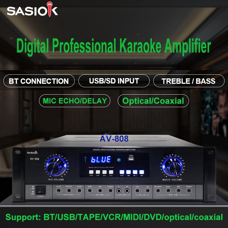 Mic Echo/delay Optical/coaxial Input AV-808 Digital Karaoke Amplifier with BT/USB/tape/VCR/midi/DVD/LED Display Functions.